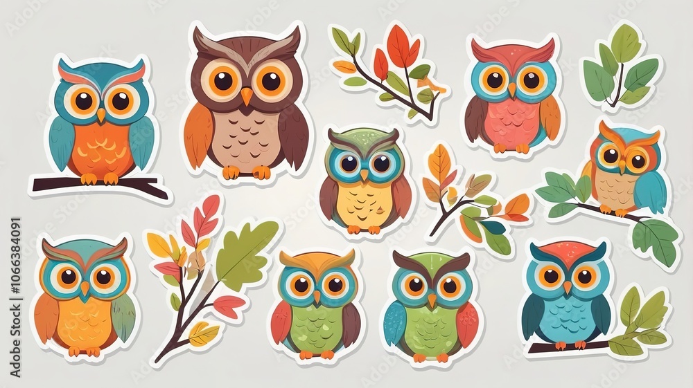 Fototapeta premium Cute colorful owl stickers with branches and leaves, flat style on light background. 