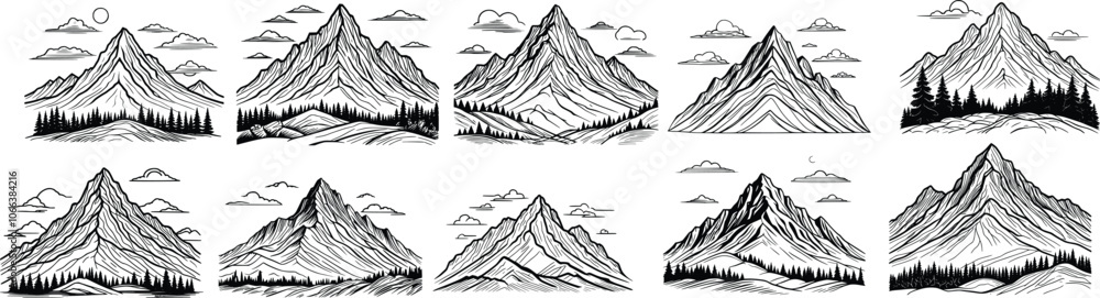 Mountains silhouettes on isolated background. set of hand drawn landscape mountain Mountains silhouettes on isolated background. set of hand drawn landscape mountain