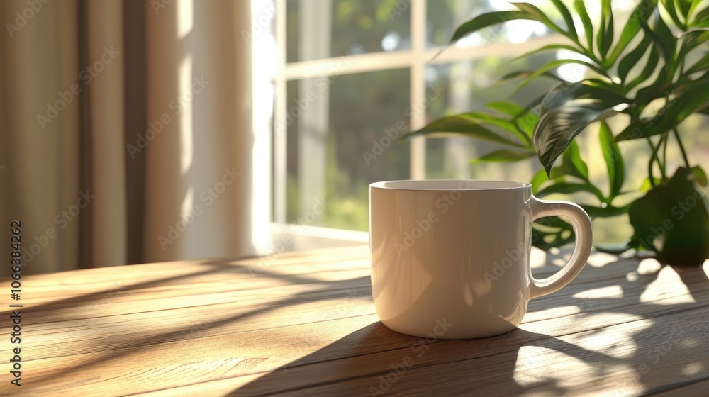 White Coffee Mug Bathed in Sunlight on a Wooden Table Near a Window White Coffee Mug Bathed in Sunlight on a Wooden Table Near a Window