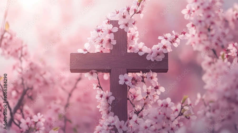 Wooden cross encircled by cherry blossoms on a soft pink backdrop evoking a sense of spirituality and tranquility Wooden cross encircled by cherry blossoms on a soft pink backdrop evoking a sense of spirituality and tranquility