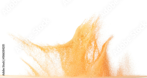 Small size orange Sand flying explosion, fruit sands grain wave explode. Abstract cloud fly. Orange colored sand splash throwing in Air. White background Isolated high speed shutter, throwing freeze photo