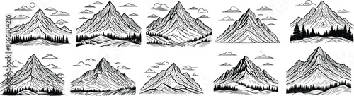 Mountains silhouettes on isolated background. set of hand drawn landscape mountain