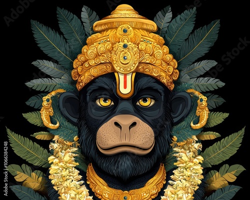 A striking illustration of a monkey adorned with traditional Indian jewelry, surrounded by leaves, showcasing cultural symbolism and artistry. photo