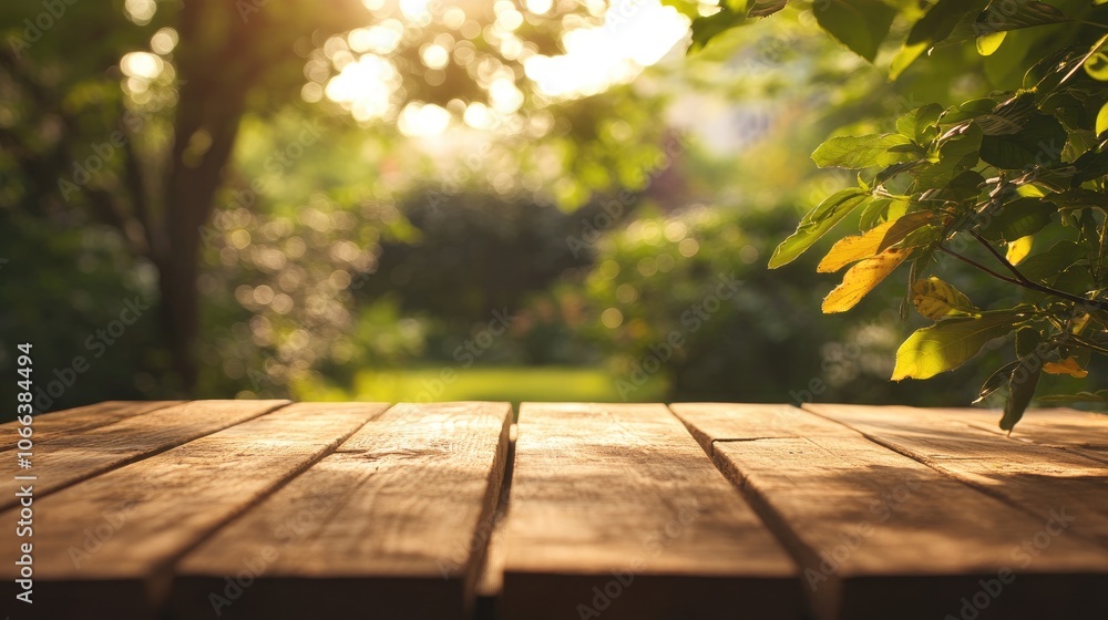 Fototapeta premium Wooden tabletop with a blurred natural garden background ideal for showcasing products High quality image