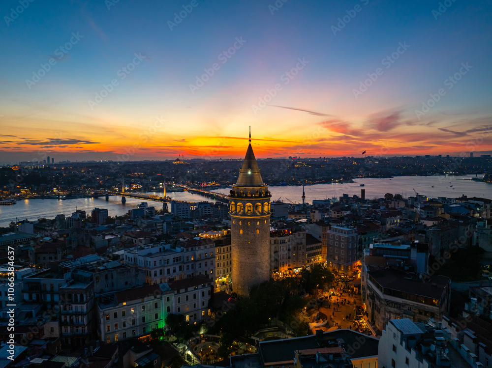 Obraz premium Istanbul Icon Galata Tower in the Sunset Lights Drone Photo, Galata Beyoglu, Istanbul Turkiye (Turkey)