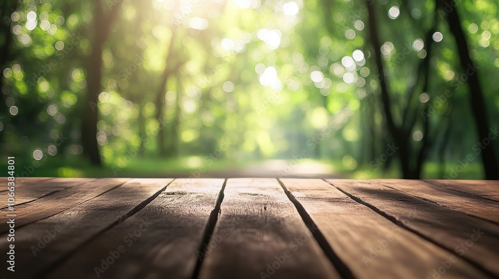 Wooden tabletop with a blurred green forest and bokeh effect in the background High quality image Wooden tabletop with a blurred green forest and bokeh effect in the background High quality image
