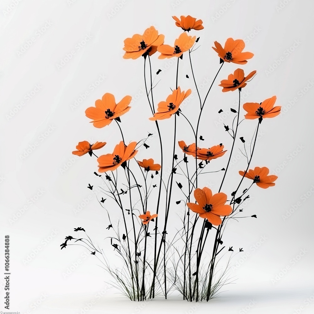 3D Render, Low Poly style of a cosmos with vibrant orange blooms, on isolated white background 3D Render, Low Poly style of a cosmos with vibrant orange blooms, on isolated white background