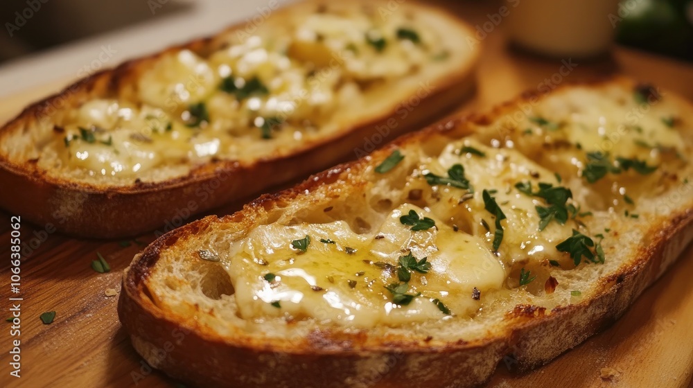 Warm Sliced Garlic Bread Topped with Melted Butter and Fresh Herbs on a Countertop Warm Sliced Garlic Bread Topped with Melted Butter and Fresh Herbs on a Countertop