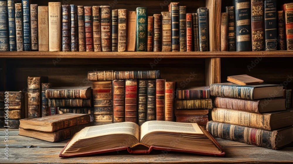 An open book on a wooden table surrounded by antique books on shelves. An open book on a wooden table surrounded by antique books on shelves.