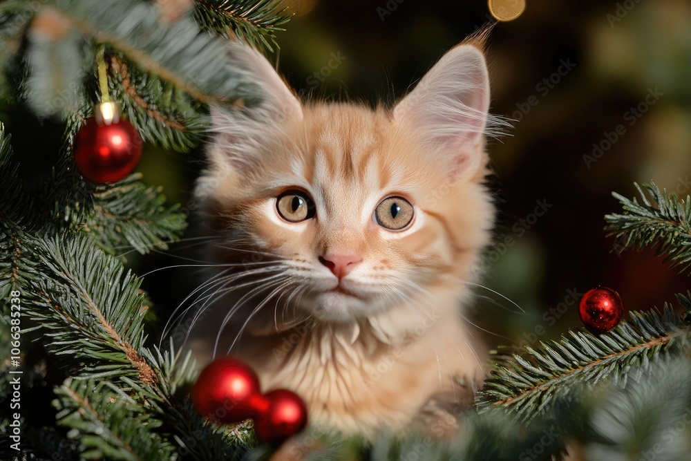 A Ginger Kitten Peeking Through a Christmas Tree with Red Ornaments A Ginger Kitten Peeking Through a Christmas Tree with Red Ornaments