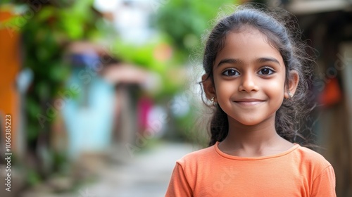 Young girl in a disadvantaged area gazes into the camera