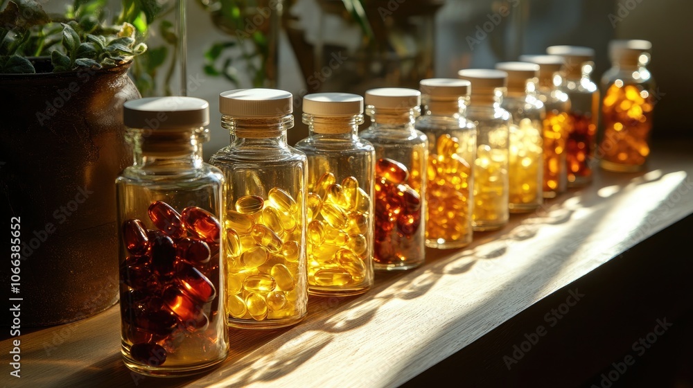 Vitamin D and Sunlight An array of Vitamin D capsules and tablets in glass bottles illuminated by natural light showcasing methods to enhance Vitamin D levels ahead of winter Vitamin D and Sunlight An array of Vitamin D capsules and tablets in glass bottles illuminated by natural light showcasing methods to enhance Vitamin D levels ahead of winter