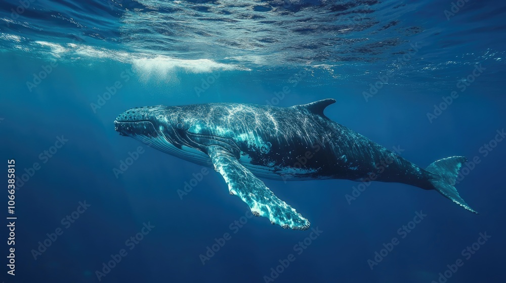 Fototapeta premium Whale swimming in the ocean captured from a half angle perspective