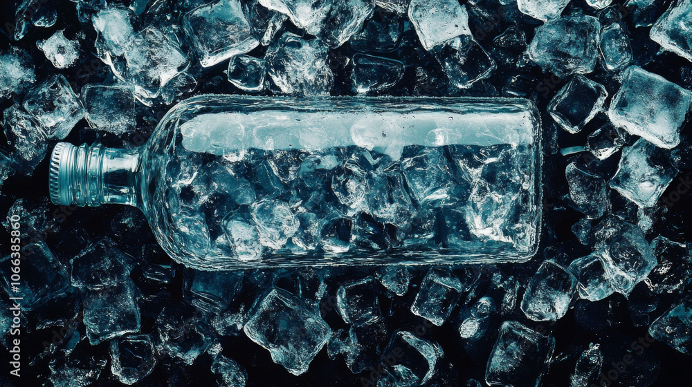 Clear ice cubes against a dark background. The frame is a bottle made of ice. Clear ice cubes against a dark background. The frame is a bottle made of ice.