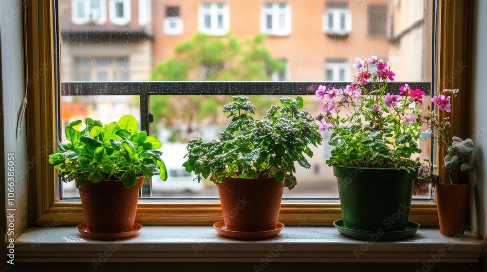 A sunny window sill with potted plants bringing life indoors. A sunny window sill with potted plants bringing life indoors.