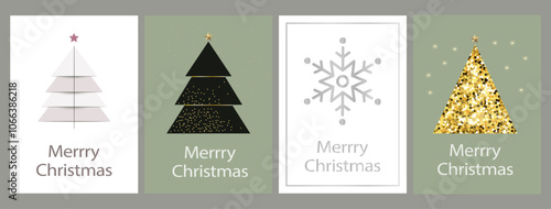a set of minimalistic Christmas cards, with Christmas trees and snowflakes