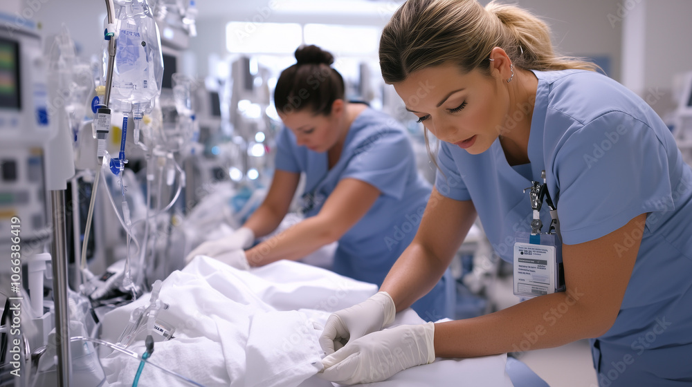 Obraz premium Nurses Providing Patient Care in Hospital Ward 