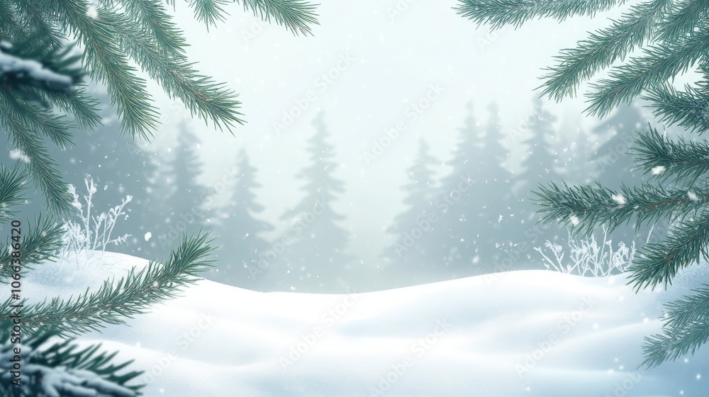 Winter themed nature background with a wide frame featuring snow covered fir branches snowdrifts and softly blurred forest with falling snow Close up with ample copy space Winter themed nature background with a wide frame featuring snow covered fir branches snowdrifts and softly blurred forest with falling snow Close up with ample copy space