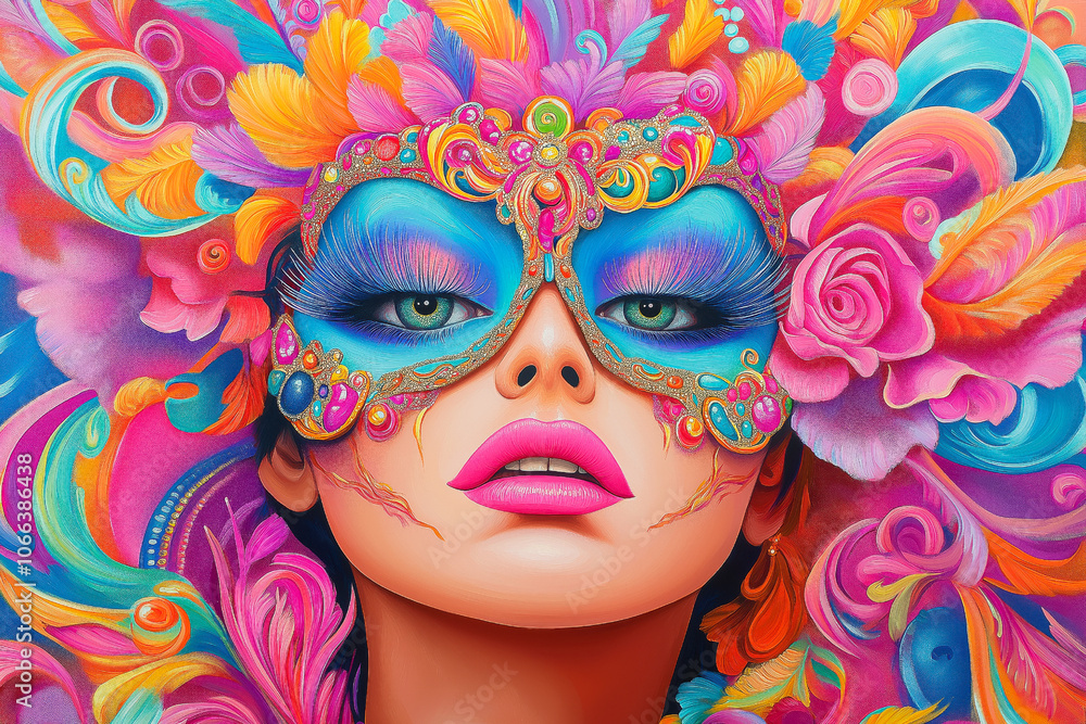Colorful illustration of a beautiful woman wearing an ornate carnival mask Colorful illustration of a beautiful woman wearing an ornate carnival mask