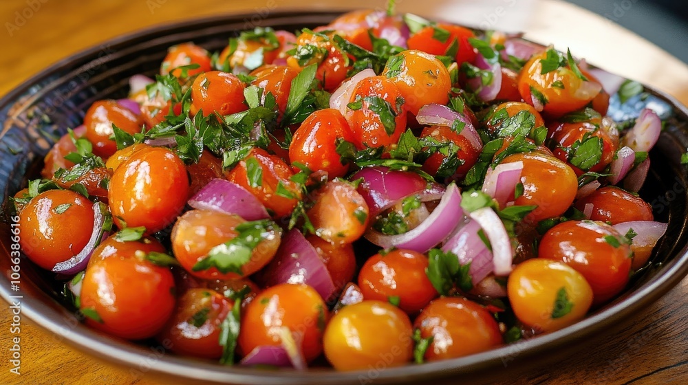 Vibrant vegetable salad featuring juicy cherry tomatoes and diced red onion Vibrant vegetable salad featuring juicy cherry tomatoes and diced red onion