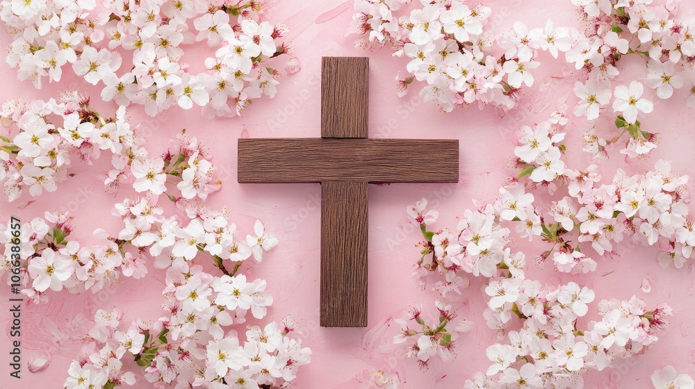 Wooden cross encircled by cherry blossoms on a soft pink backdrop evoking a sense of spirituality and tranquility Wooden cross encircled by cherry blossoms on a soft pink backdrop evoking a sense of spirituality and tranquility