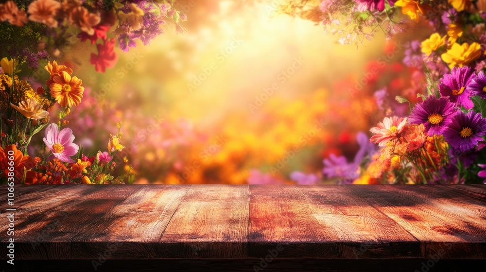 Weathered wooden table with vibrant spring garden in the backdrop Weathered wooden table with vibrant spring garden in the backdrop
