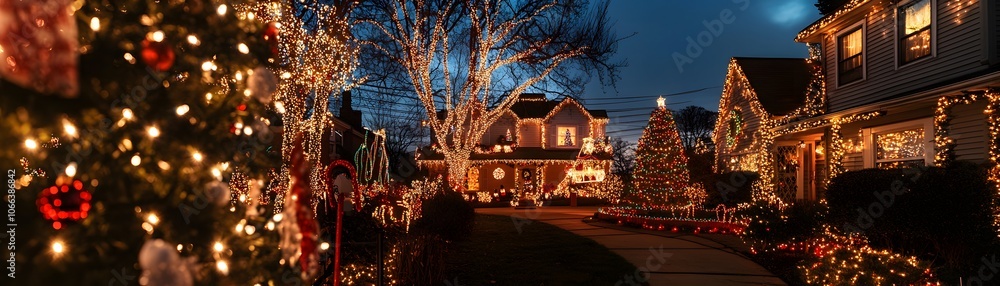 Fototapeta premium A Christmas-Lit Suburban Street at Night