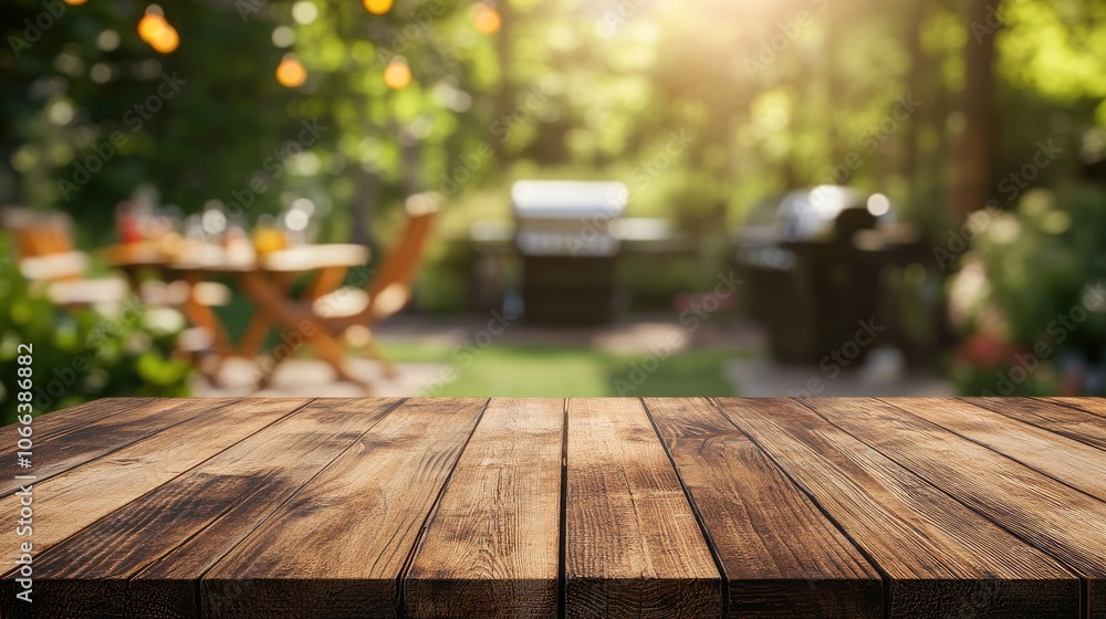 Wooden tabletop with a blurred garden and barbecue setting in the background Ideal for showcasing or overlaying your products High quality image Wooden tabletop with a blurred garden and barbecue setting in the background Ideal for showcasing or overlaying your products High quality image