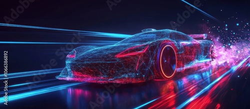 Futuristic rally car in motion with neon fast lines and particles. Technological concept of high speed and energy