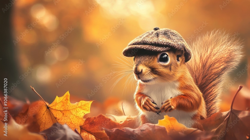 Cute Squirrel in Autumn Leaves with Cap Cute Squirrel in Autumn Leaves with Cap