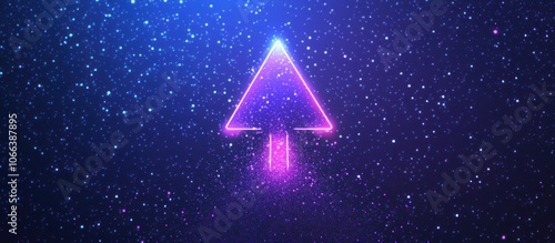 neon speed arrow up. Boosting and fast growth cyberpunk icon on technology blue-purple starry sky background