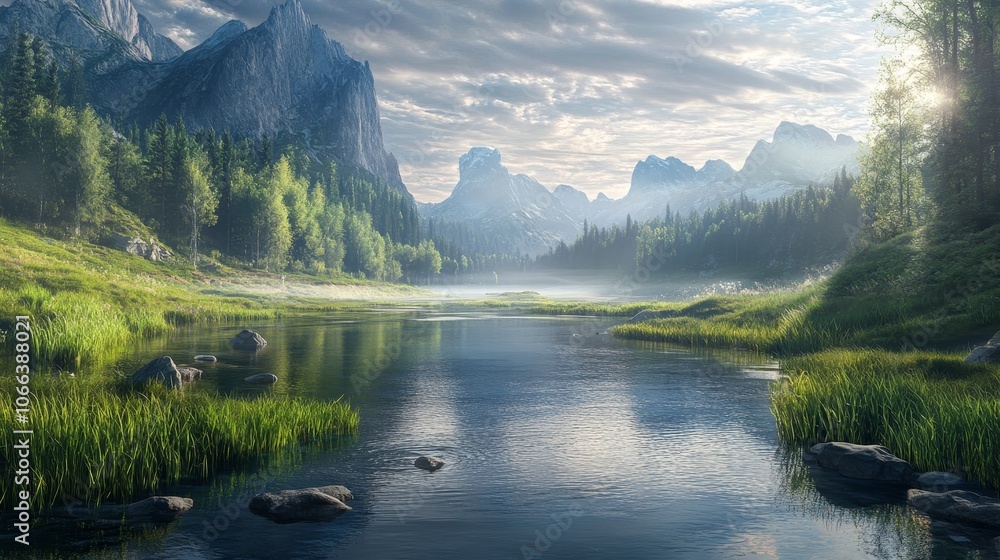 Naklejka premium A serene landscape featuring mountain, a river, and lush greenery under a cloudy sky.