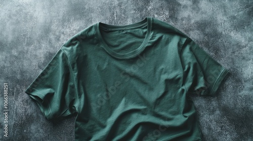 Vintage green cotton T shirt mockup on a gray cement background ideal for retail clothing displays and laundry advertising Blank flat lay design for showcasing apparel photo