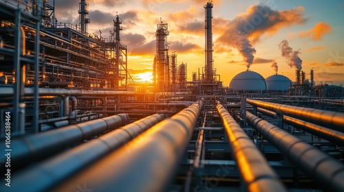 Wallpaper Mural Industrial Oil Refinery at Sunset with Smoke Stacks and Pipelines in a Complex Network Against a Vibrant Sky Torontodigital.ca