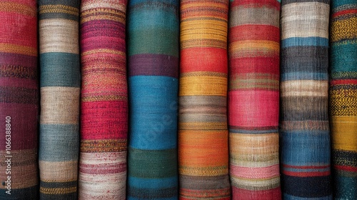 Vibrant textile stripes highlight traditional craftsmanship in a bustling market setting