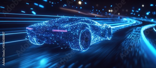 Futuristic rally car in motion with neon fast lines and particles. Technological concept of high speed and energy