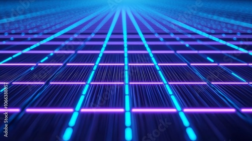 Futuristic Tech Grid with Neon Lights and Depth Perspective