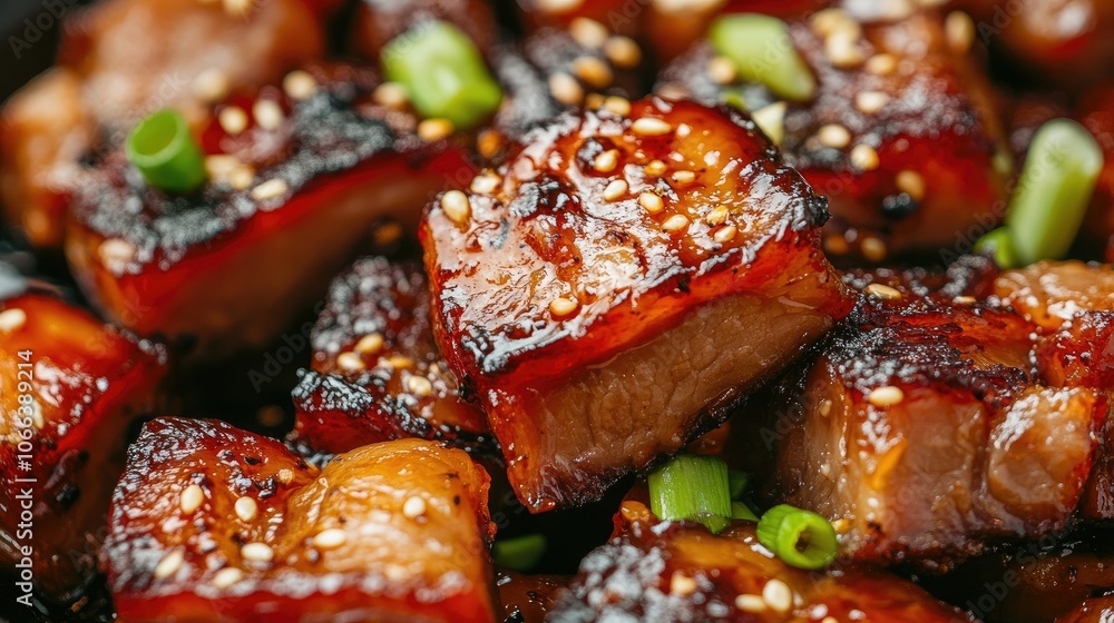 A close-up of crispy pork belly with crackling skin, sliced into bite-sized pieces, ready to serve. A close-up of crispy pork belly with crackling skin, sliced into bite-sized pieces, ready to serve.