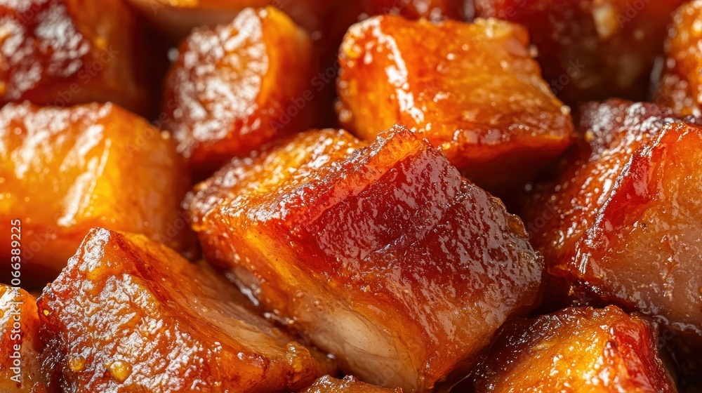 A close-up of crispy pork belly with crackling skin, sliced into bite-sized pieces, ready to serve. A close-up of crispy pork belly with crackling skin, sliced into bite-sized pieces, ready to serve.