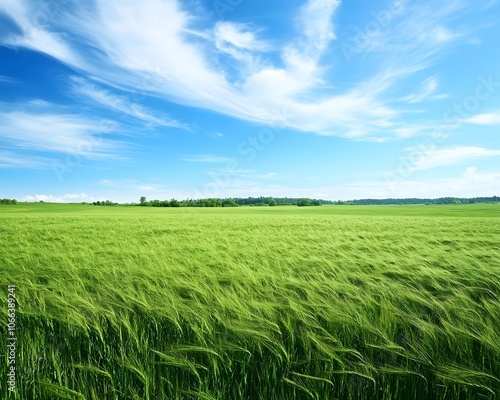 Vibrant green field under a bright blue sky with fluffy clouds, showcasing the beauty of nature and tranquility in a rural landscape.