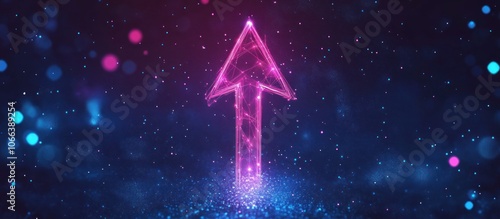neon speed arrow up. Boosting and fast growth cyberpunk icon on technology blue-purple starry sky background