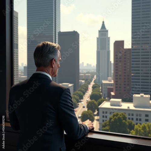 Businessman looking at the buildings of downtown los angeles from an office window the man looks like a politician like a mayor or an architect or a real estate developer working in la real estate 