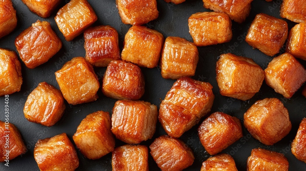 A close-up of crispy pork belly with crackling skin, sliced into bite-sized pieces, ready to serve. A close-up of crispy pork belly with crackling skin, sliced into bite-sized pieces, ready to serve.