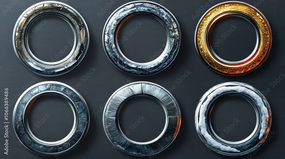 The frames feature a variety of materials, including silver, gold, snow, wood, and stone. 