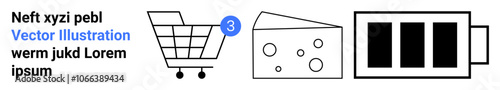 Shopping cart with number three, slice of cheese, and battery icon. Ideal for online store, food delivery, electronics, energy, and technology. Blue, white, black colors. Landing page