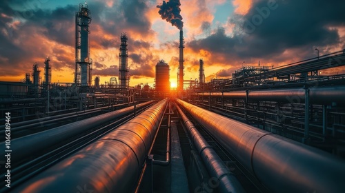 Industrial Landscape at Sunset with Smokestacks and Pipelines Under Dramatic Sky