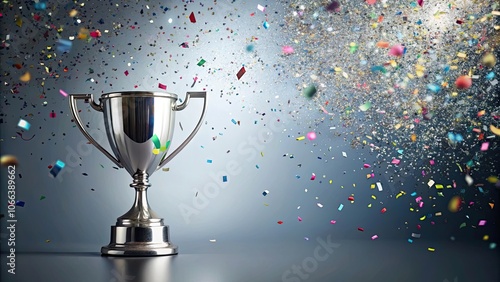 Silver trophy with confetti falling around it , celebration, award, victory, achievement, success, competition, first place