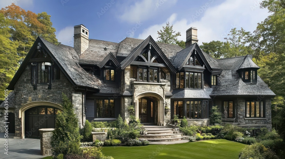 A grand, modern stone mansion surrounded by lush greenery and a well-maintained lawn. A grand, modern stone mansion surrounded by lush greenery and a well-maintained lawn.