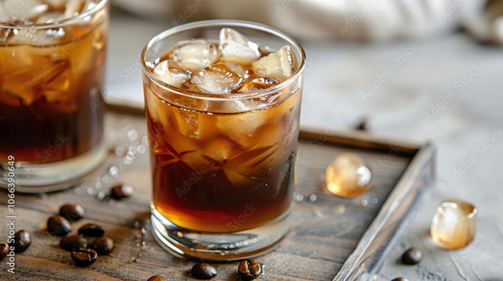 Two glasses of iced coffee with ice cubes on a wooden tray Two glasses of iced coffee with ice cubes on a wooden tray