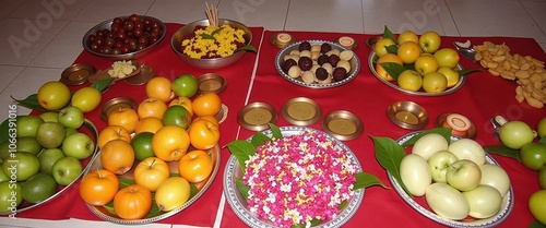 Ritual Fruits and Flower Offerings Arranged for Sacred Chhath Puja as Devotees Honor the Sun with Faith and Devotion. photo